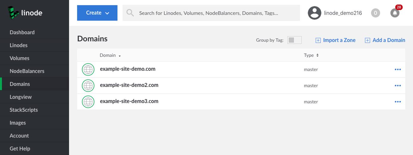This page shows the Domains page with three different domain zones listed. This page shows the Domains page with three different domain zones listed.