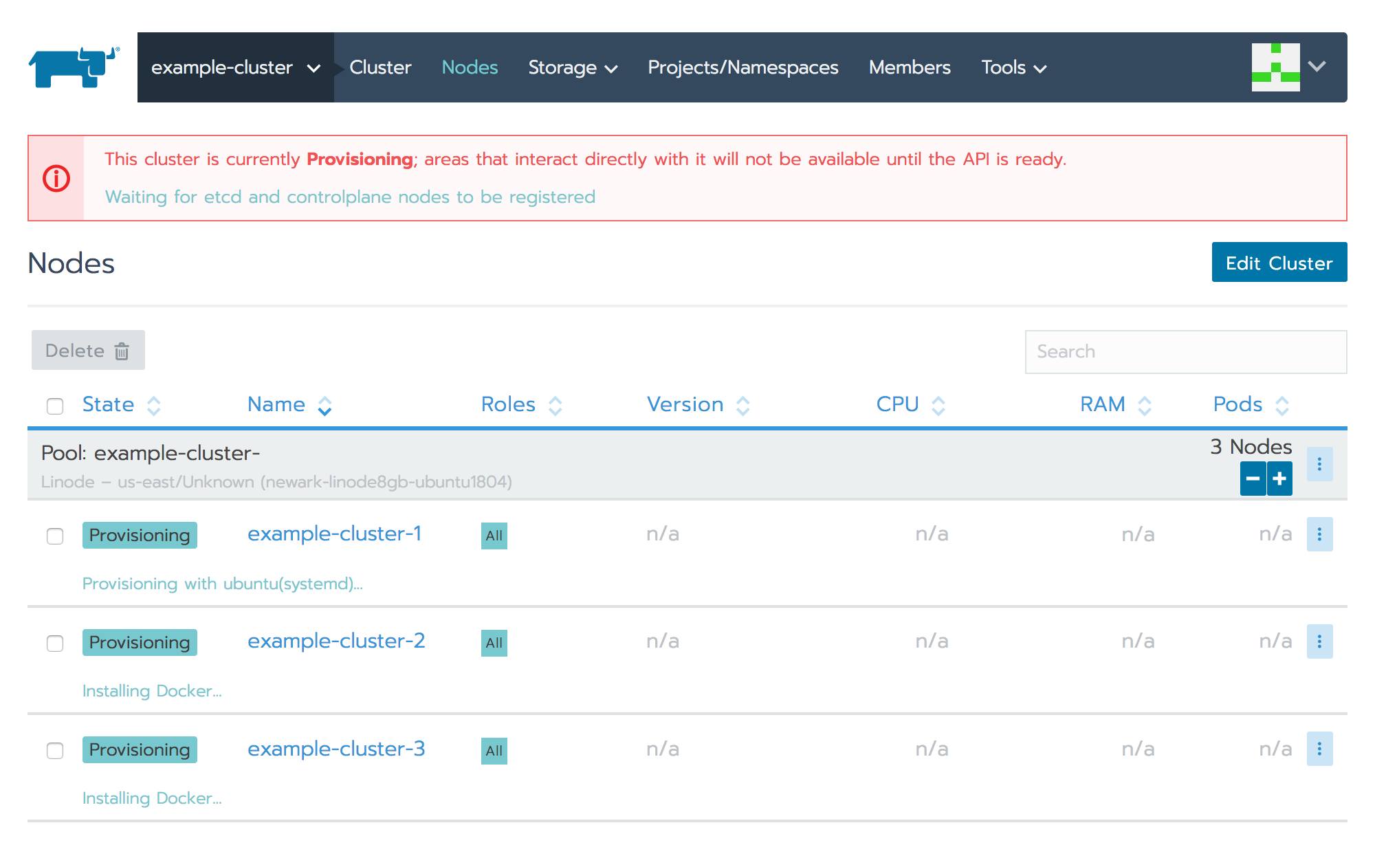 Rancher cluster nodes list - provisioning