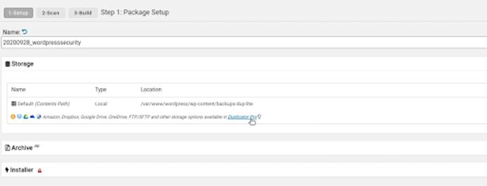 Duplicator Backup New Package Configuration