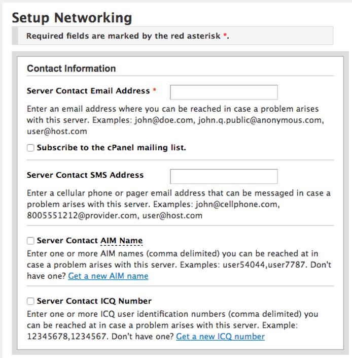 cPanel contact information entry.