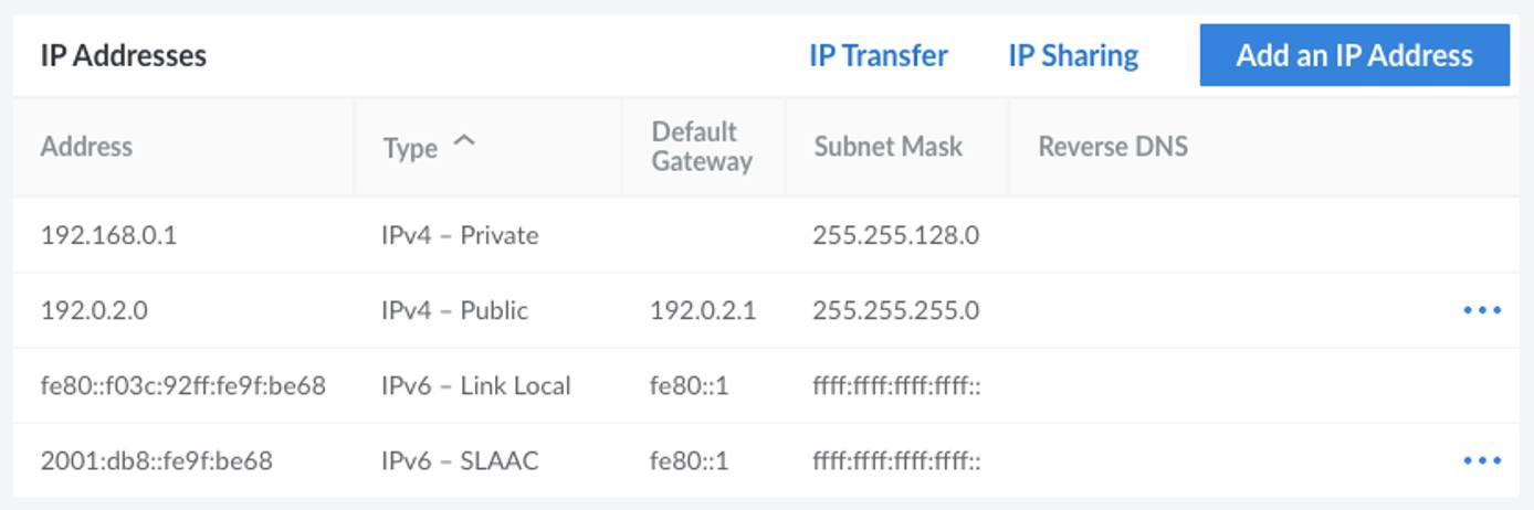 The IP Addresses table on the Network tab The IP Addresses table on the Network tab