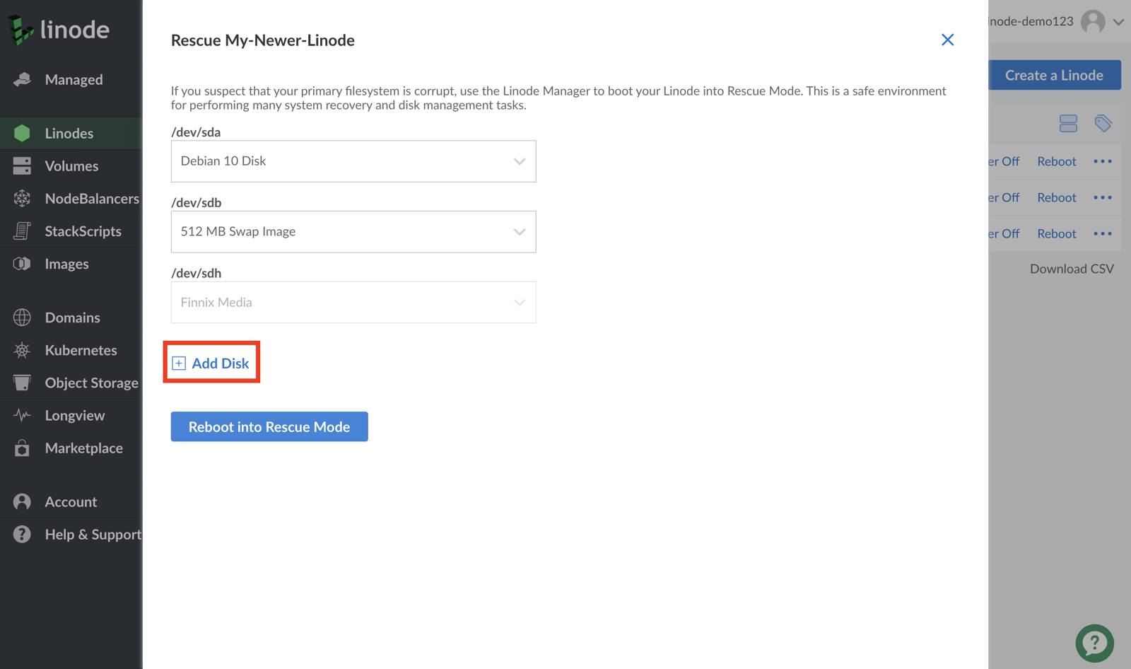 Linode Cloud Manager Rescue form - Add Disk highlighted