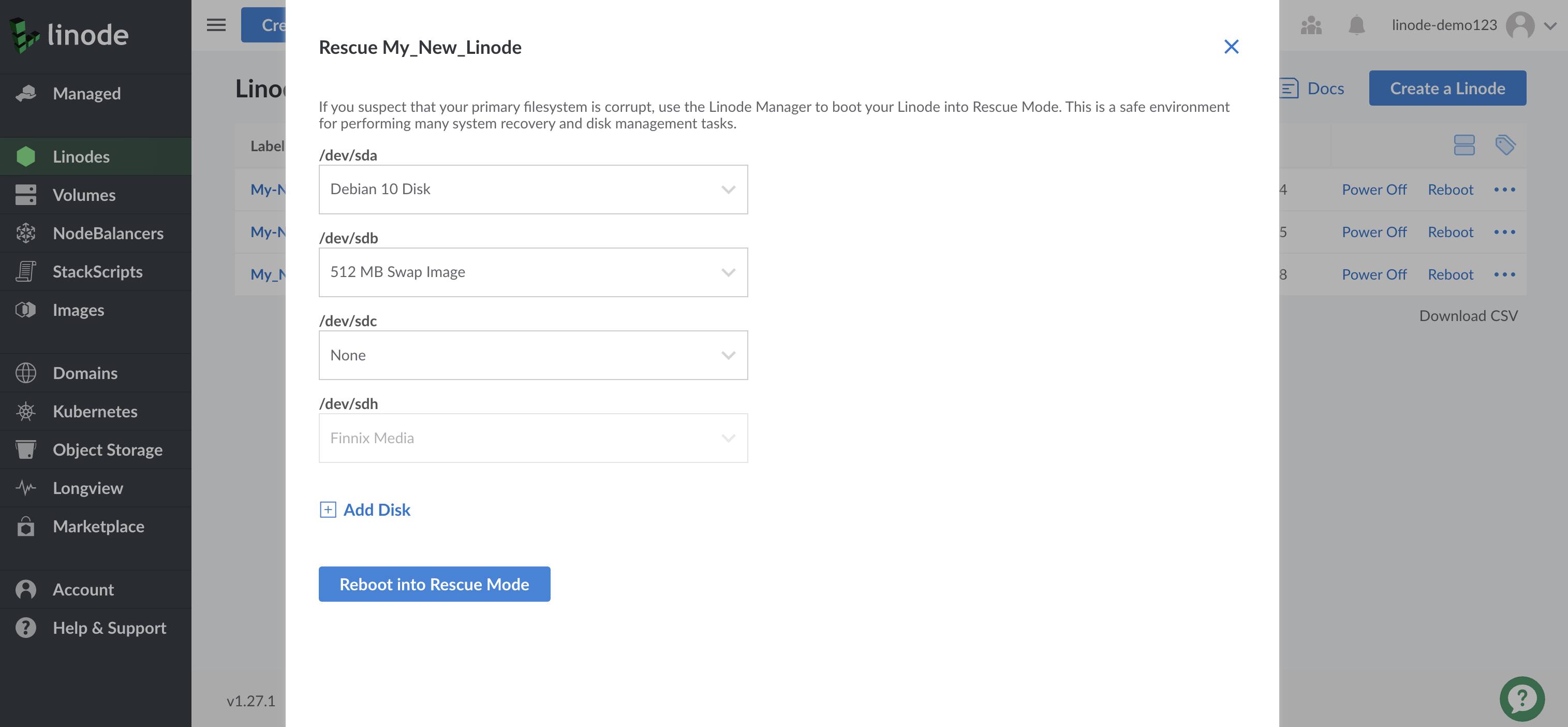 Linode Cloud Manager Rescue form - /dev/sda highlighted