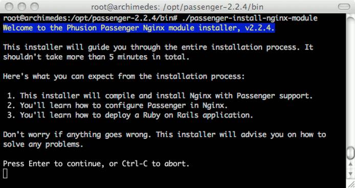 Phusion Passenger Nginx installer program running on CentOS 5. Phusion Passenger Nginx installer program running on CentOS 5.