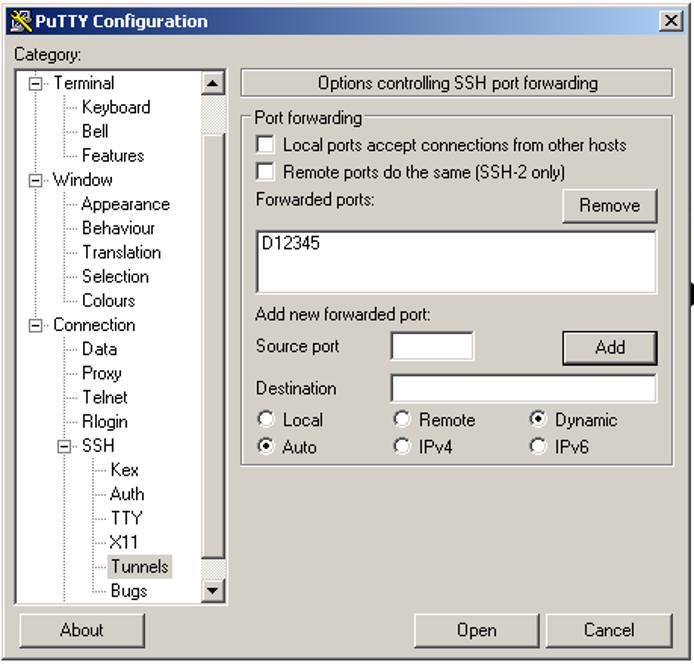 PuTTY - Options controlling port forwarding with forwarding configured. PuTTY - Options controlling port forwarding with forwarding configured.