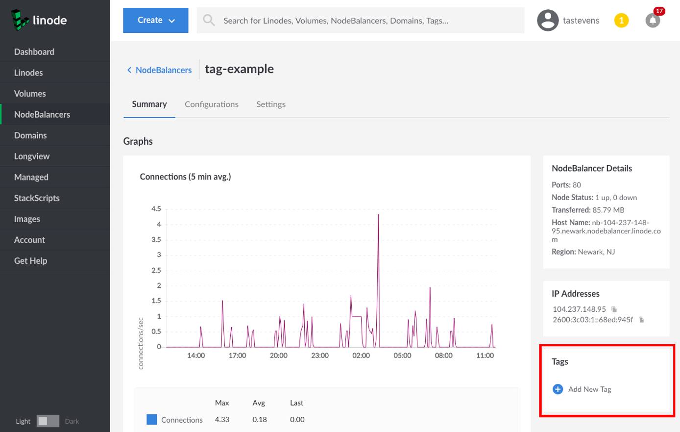 Find the 'Tags' box and either select an existing tag, or type in a new one. Location of Tags box for a NodeBalancer