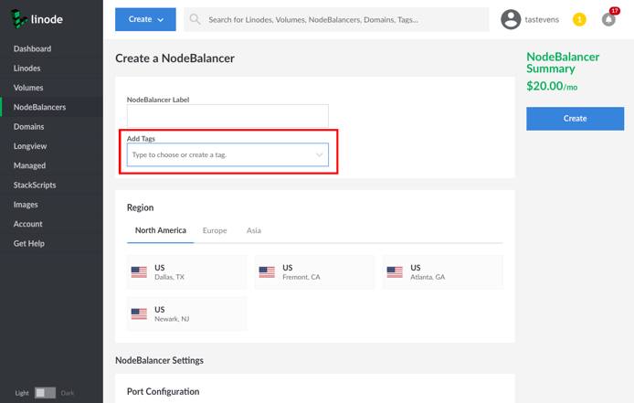 Select the tag you would like to use from the 'Add Tags' dropdown menu, or type to create a new tag. Add Tags field in the NodeBalancer creation form