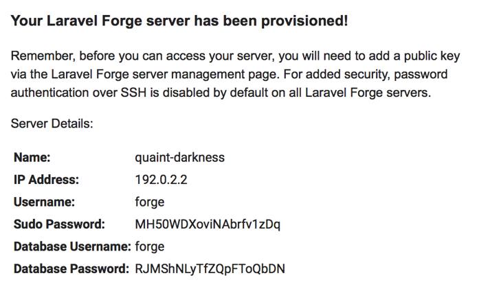 An email confirmation for your new Forge-created server Email Confirmation