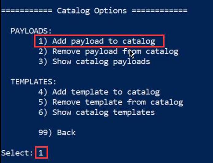 Luckystrike prompt - catalog options - add payload to catalog highlighted Luckystrike prompt - catalog options - add payload to catalog highlighted
