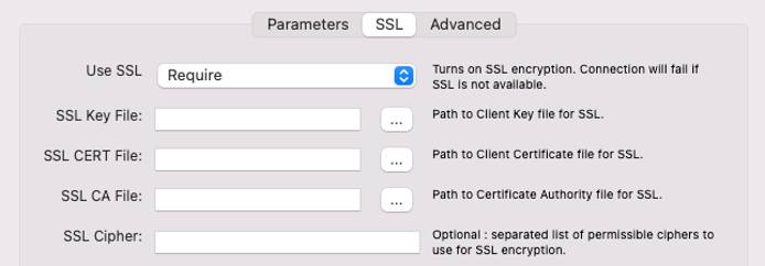 The SSL tab in MySQL Workbench