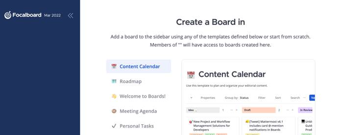 The Focalboard Create a Board page The Focalboard Create a Board page